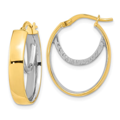 14K Two-Tone Polished Diamond-Cut Fancy Oval Hoop Earrings