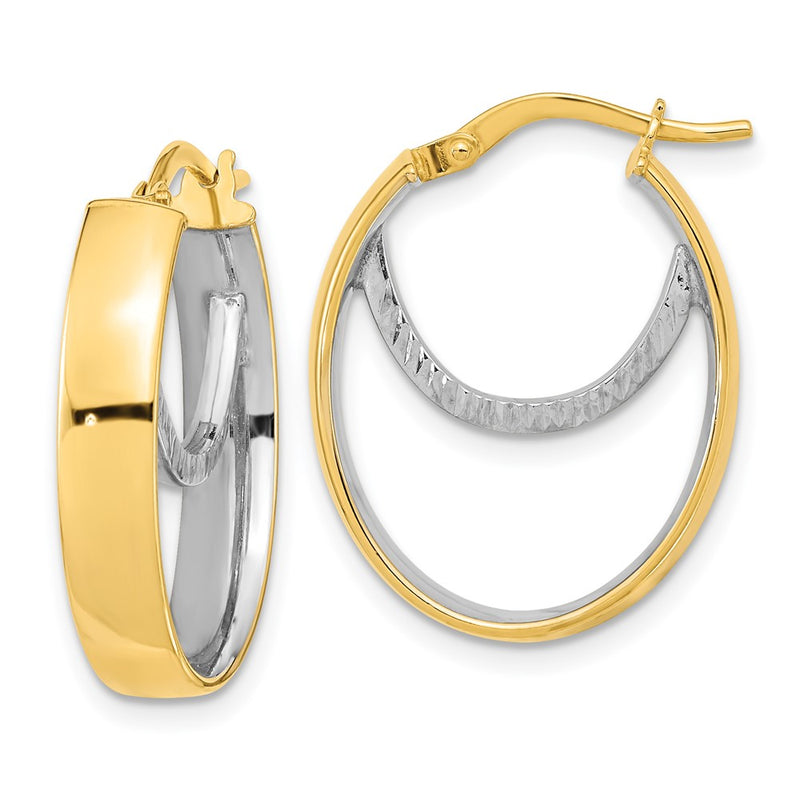14K Two-Tone Polished Diamond-Cut Fancy Oval Hoop Earrings