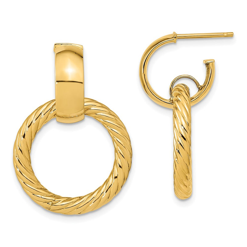 14K Yellow Gold Polished And Textured Fancy Dangle Post Hoop Earrings