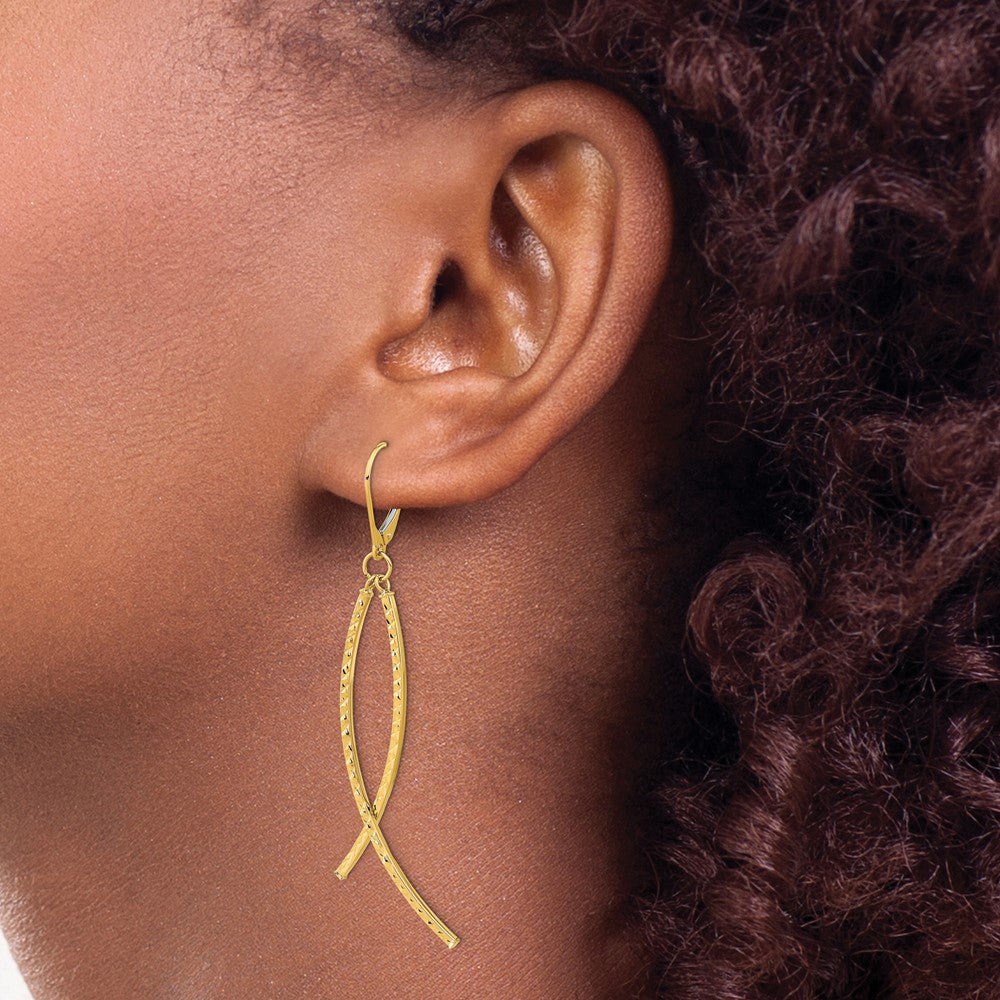 14K Yellow Gold Polished Diamond Cut Fancy Dangle Leverback Earrings