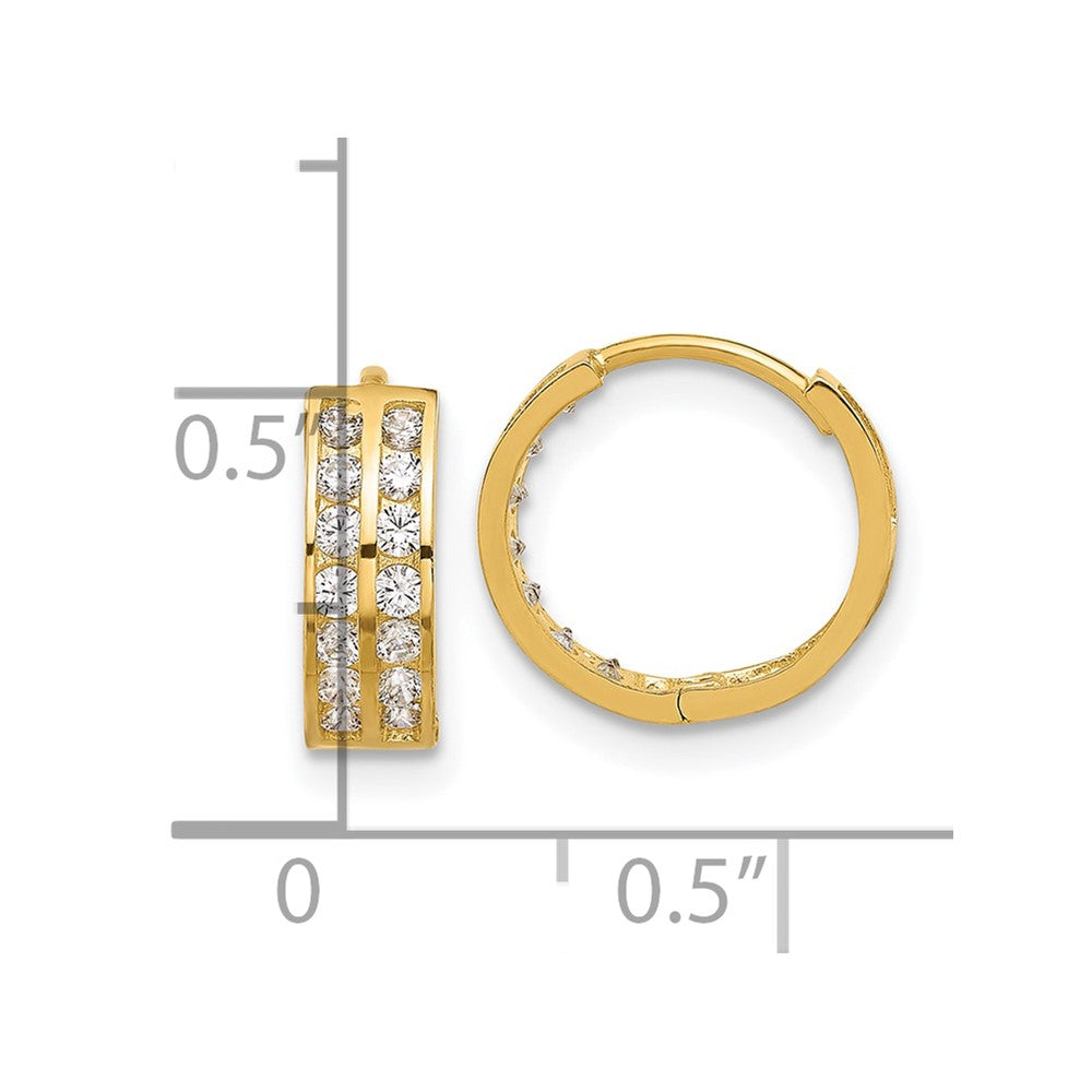 14K Yellow Gold Polished Two Row CZ 4mm Hinged Hoop Earrings