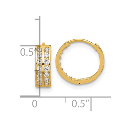 14K Yellow Gold Polished Two Row CZ 4mm Hinged Hoop Earrings
