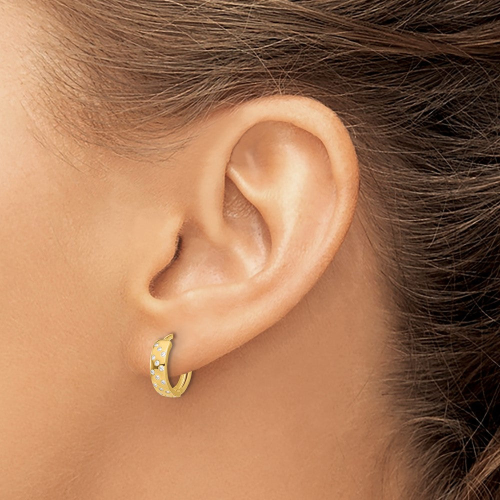 14K Yellow Gold Polished CZ Hinged Hoop Earrings