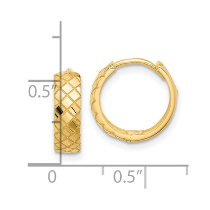 14K Yellow Gold Polished and Etched Hinged Hoop Earrings