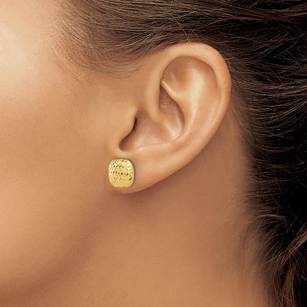 14K Yellow Gold Polished and Diamond-Cut 10mm Puffed Square Post Earrings