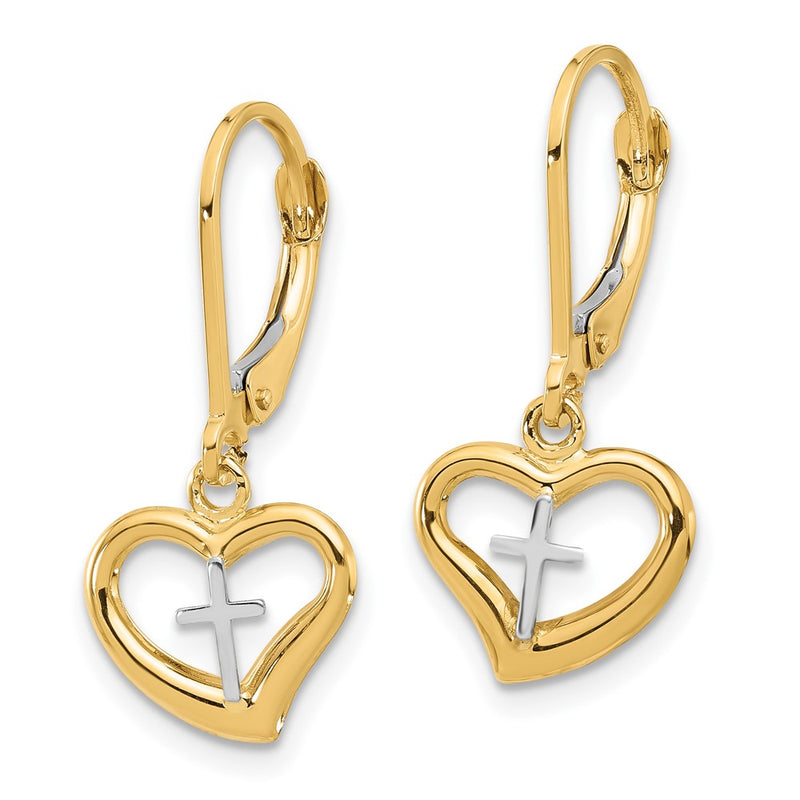 14K Two-Tone Polished Cross in Heart Leverback Dangle Earrings