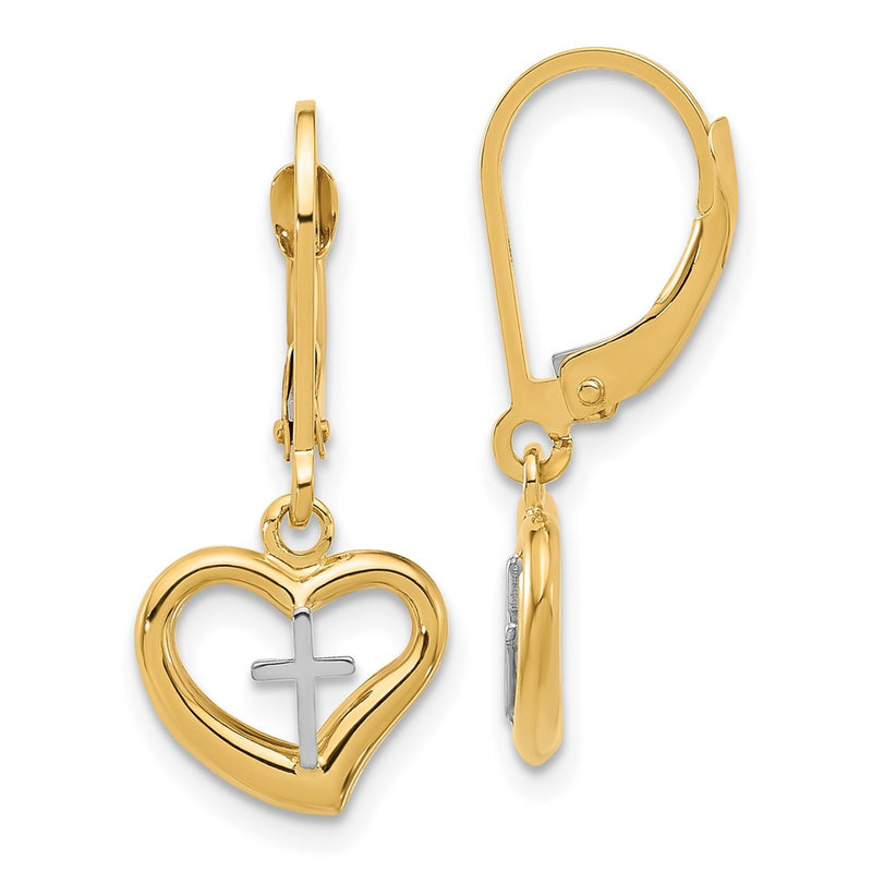 14K Two-Tone Polished Cross in Heart Leverback Dangle Earrings