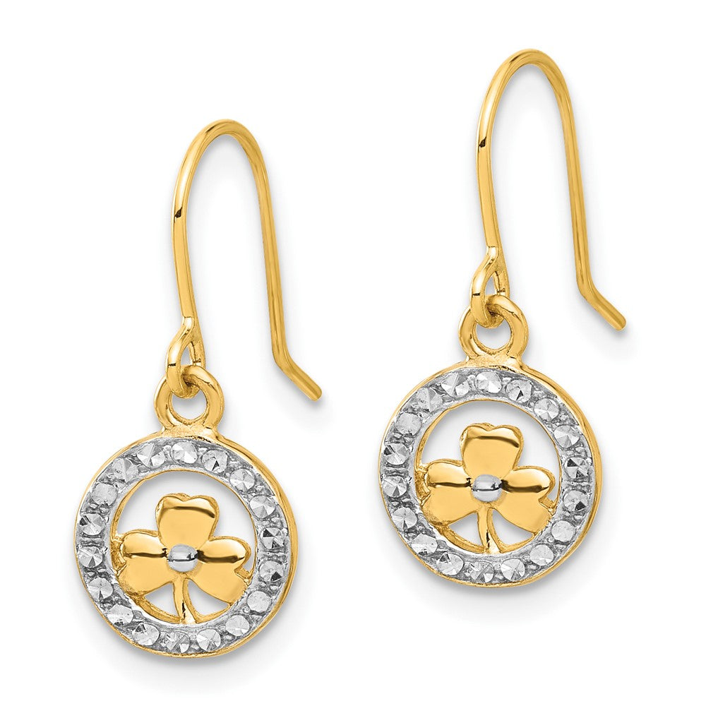 14K Yellow & Rhodium and White Rhodium D/c Clover in Circle Dangle Earrings