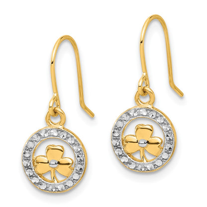 14K Yellow & Rhodium and White Rhodium D/c Clover in Circle Dangle Earrings
