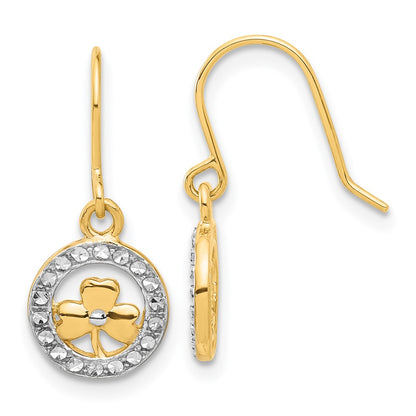 14K Yellow & Rhodium and White Rhodium D/c Clover in Circle Dangle Earrings