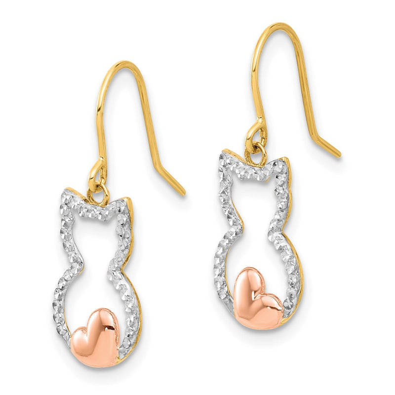 14K Yellow & Rhodium W/rose and White Rhodium D/c Cat Outline Dangle Earrings