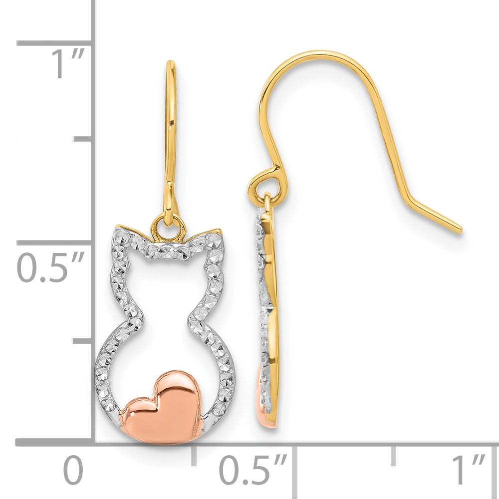 14K Yellow & Rhodium W/rose and White Rhodium D/c Cat Outline Dangle Earrings