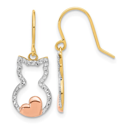 14K Yellow & Rhodium W/rose and White Rhodium D/c Cat Outline Dangle Earrings
