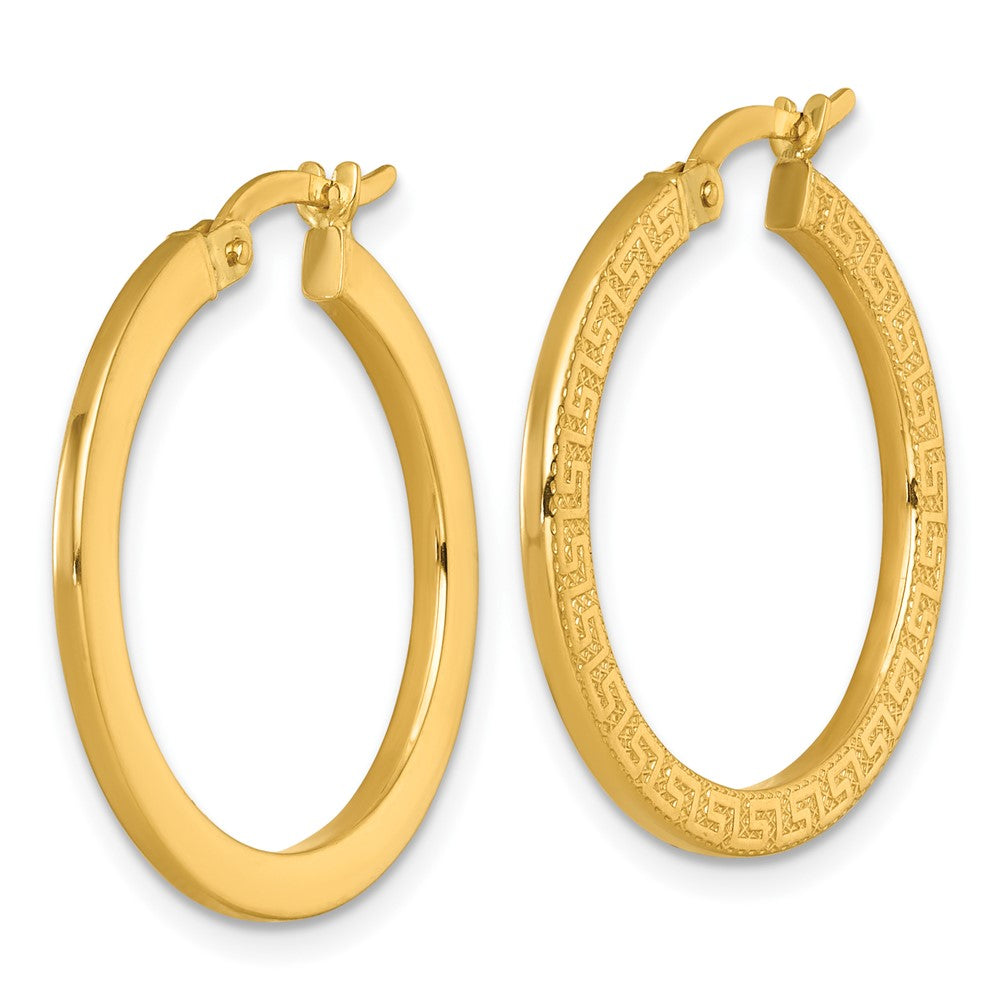 14K Yellow Gold Polished Textured Greek Key Hoop Earrings