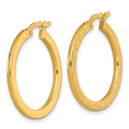 14K Yellow Gold Polished Textured Greek Key Hoop Earrings