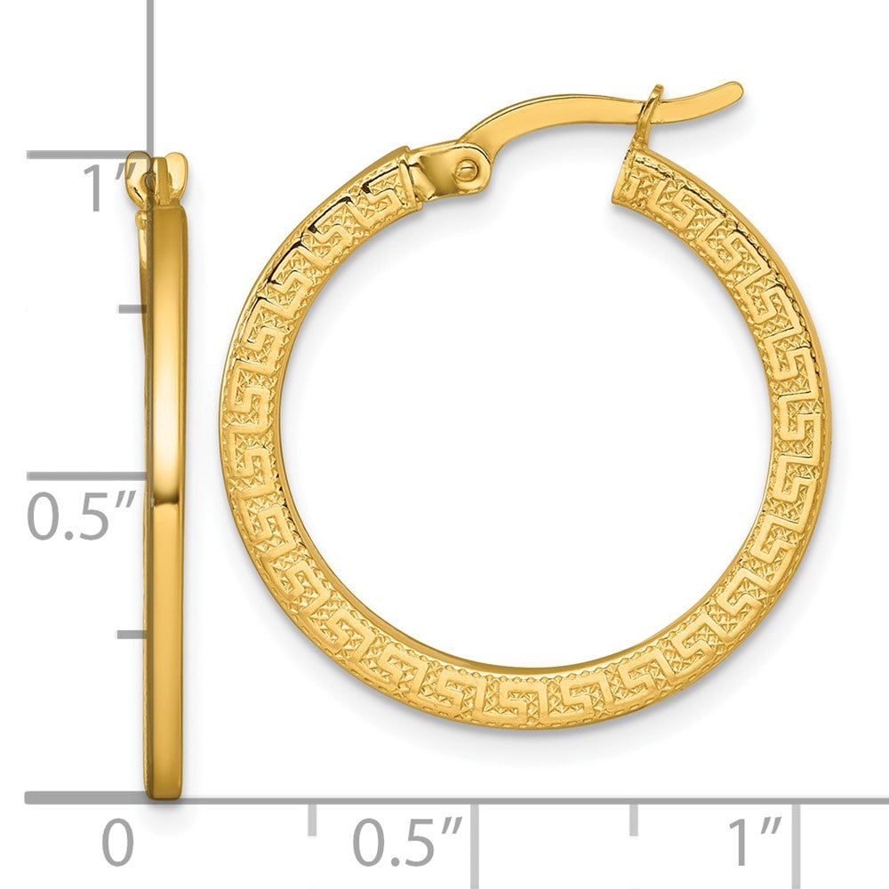 14K Yellow Gold Polished Textured Greek Key Hoop Earrings