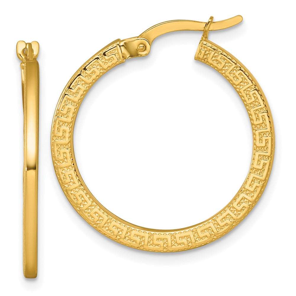 14K Yellow Gold Polished Textured Greek Key Hoop Earrings