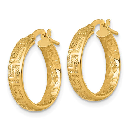 14K Yellow Gold Polished Textured 4mm Greek Key Textured Inside Hinged Hoop Earrings