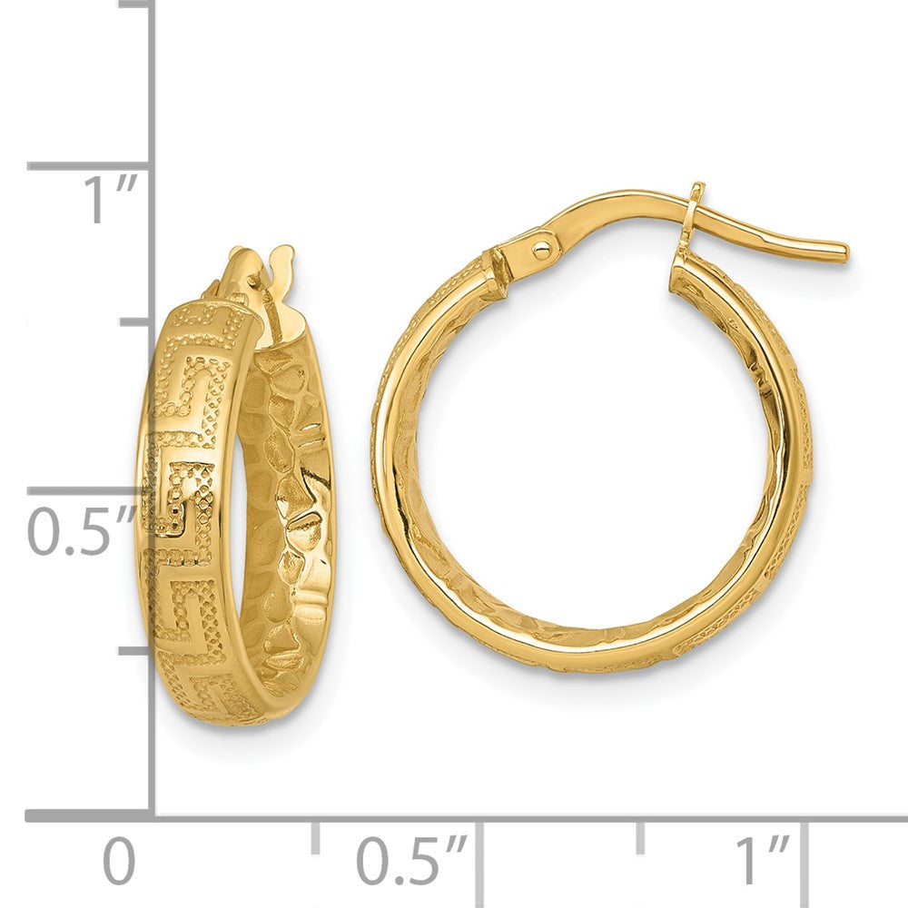 14K Yellow Gold Polished Textured 4mm Greek Key Textured Inside Hinged Hoop Earrings