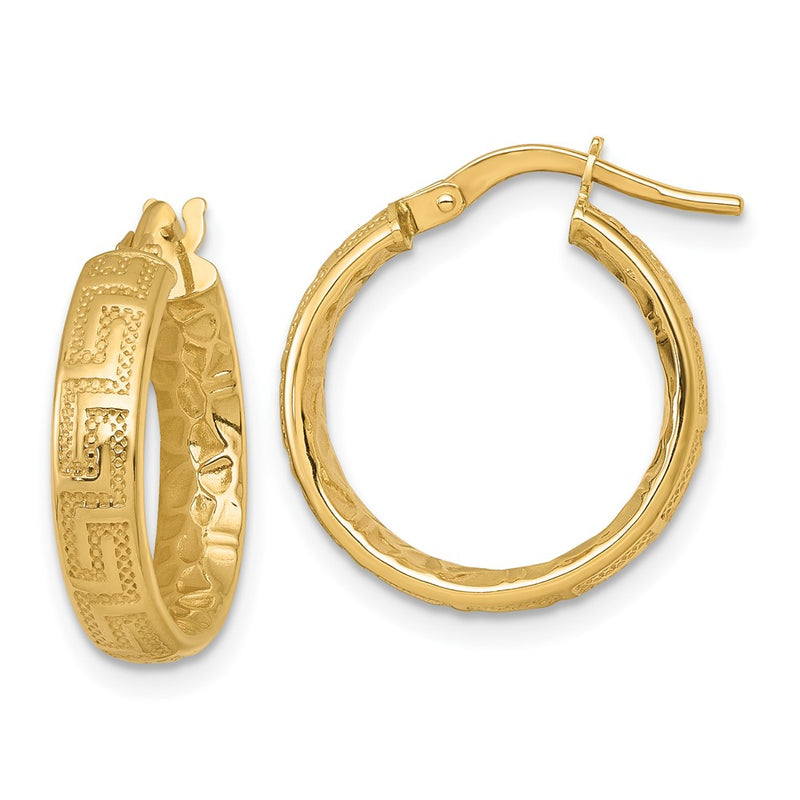 14K Yellow Gold Polished Textured 4mm Greek Key Textured Inside Hinged Hoop Earrings