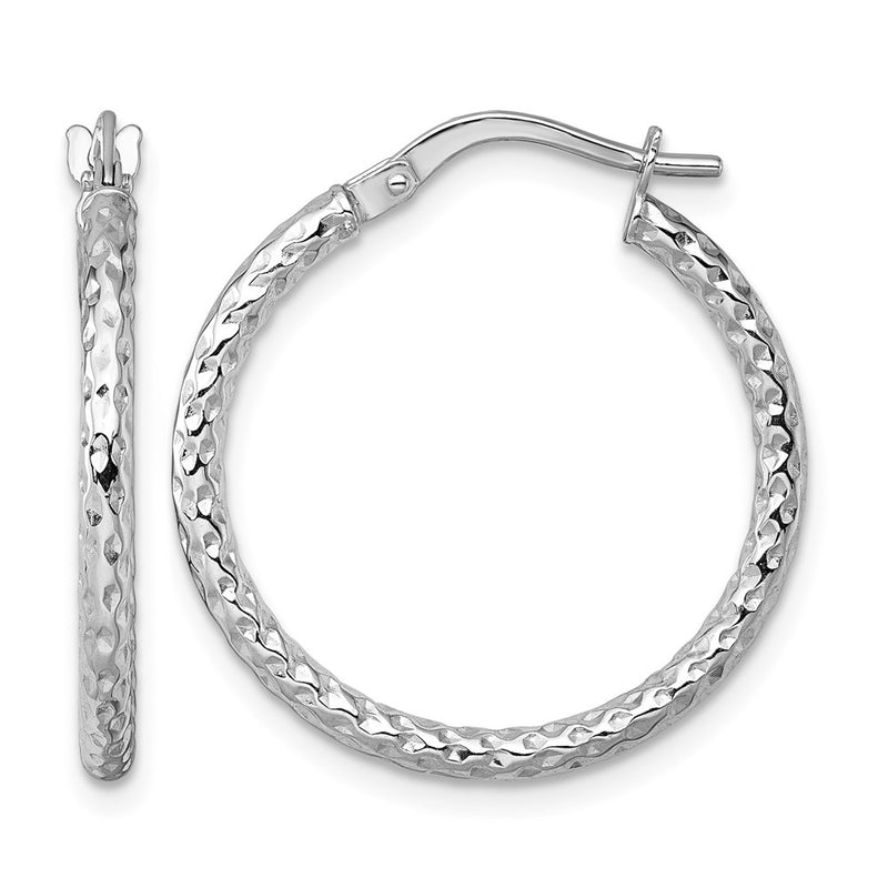 14K White Gold Polished Diamond-Cut Hoop Earrings