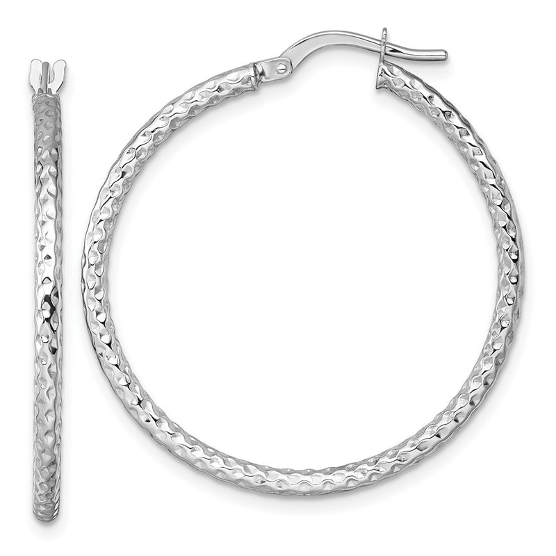 14K White Gold Polished Diamond-Cut Hoop Earrings