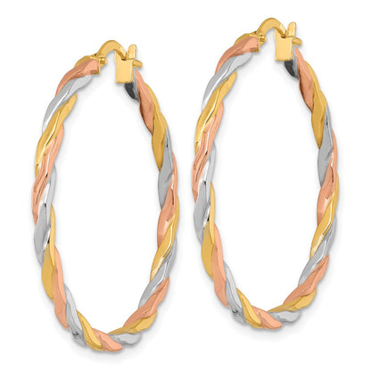 14K Yellow & Rhodium W/rose and White Rhodium Twist Hoop Earrings