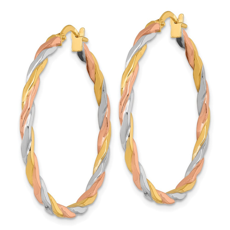 14K Yellow & Rhodium W/rose and White Rhodium Twist Hoop Earrings
