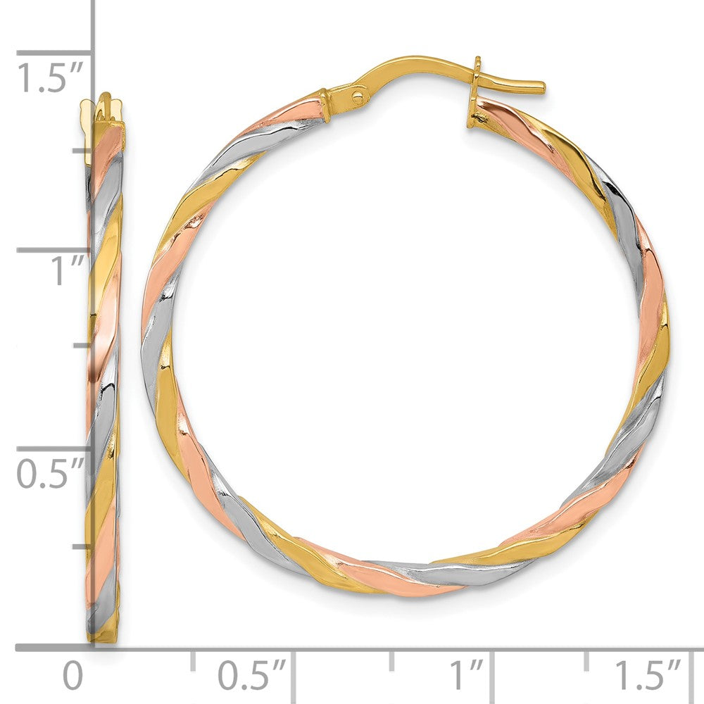 14K Yellow & Rhodium W/rose and White Rhodium Twist Hoop Earrings