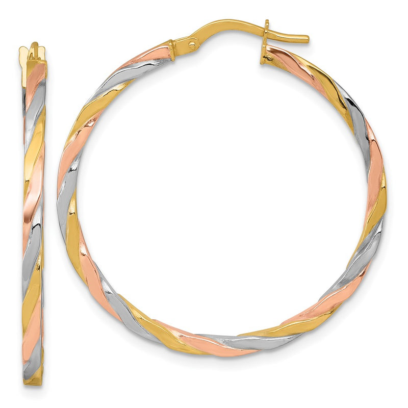 14K Yellow & Rhodium W/rose and White Rhodium Twist Hoop Earrings