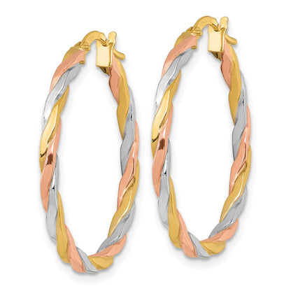 14K Yellow & Rhodium W/rose and White Rhodium Twist Hoop Earrings