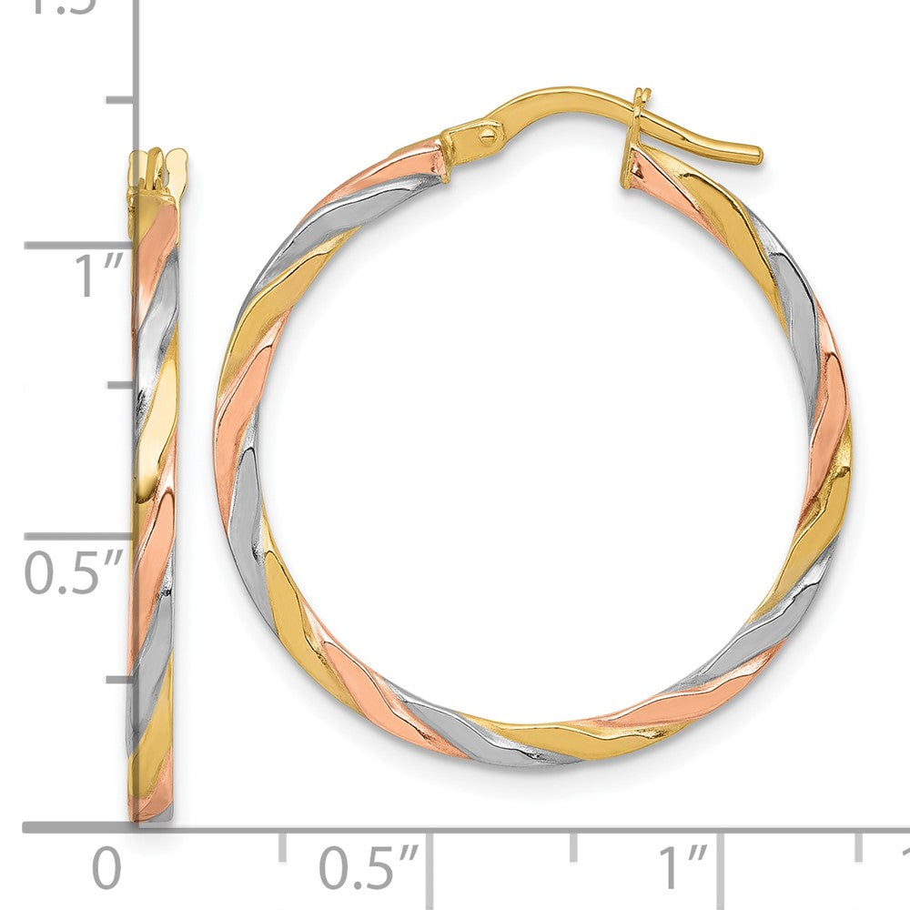 14K Yellow & Rhodium W/rose and White Rhodium Twist Hoop Earrings