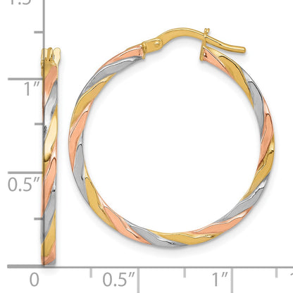 14K Yellow & Rhodium W/rose and White Rhodium Twist Hoop Earrings