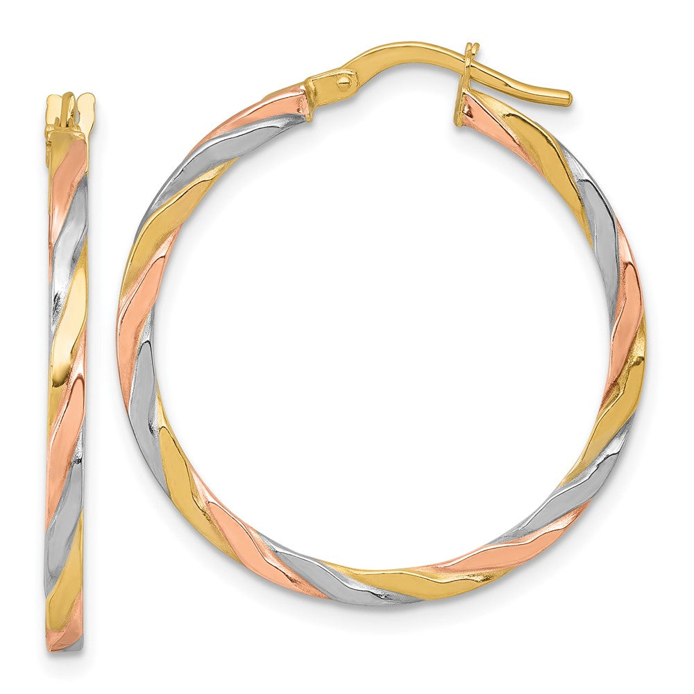 14K Yellow & Rhodium W/rose and White Rhodium Twist Hoop Earrings