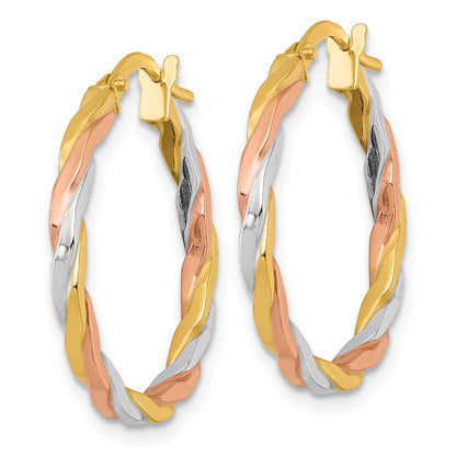 14K Yellow & Rhodium W/rose and White Rhodium Twist Hoop Earrings