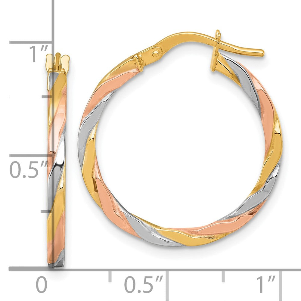 14K Yellow & Rhodium W/rose and White Rhodium Twist Hoop Earrings
