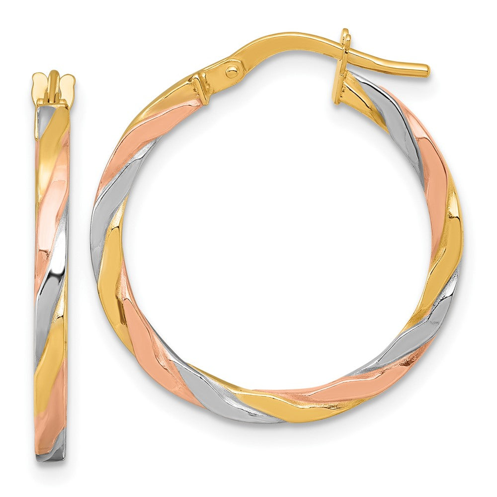 14K Yellow & Rhodium W/rose and White Rhodium Twist Hoop Earrings