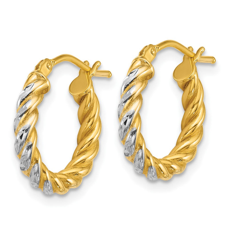 14K Yellow & Rhodium W/ White Rhodium Polished D/c Twisted 2.75mm Hoop Earrings