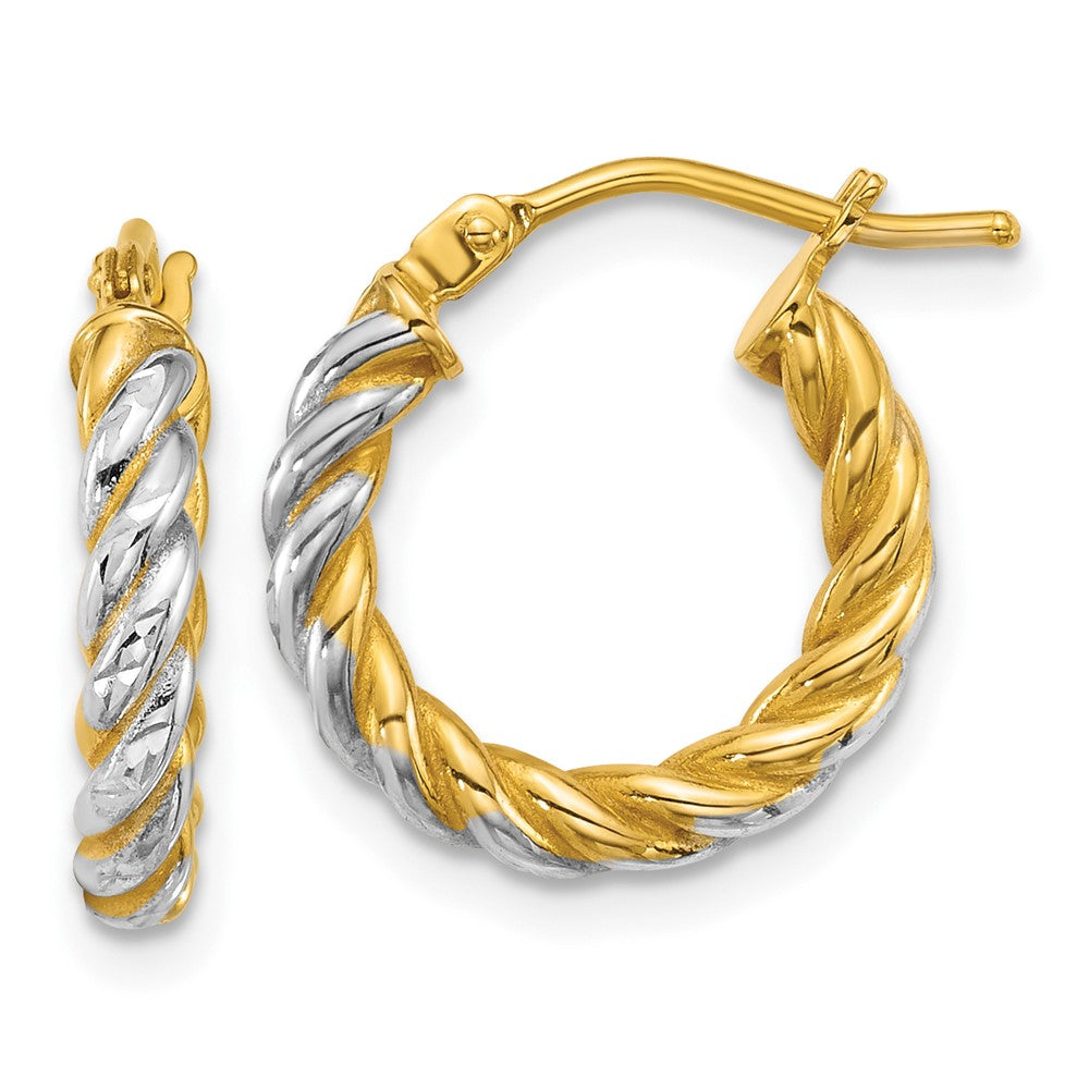 14K Yellow & Rhodium W/ White Rhodium Polished D/c Twisted 2.75mm Hoop Earrings