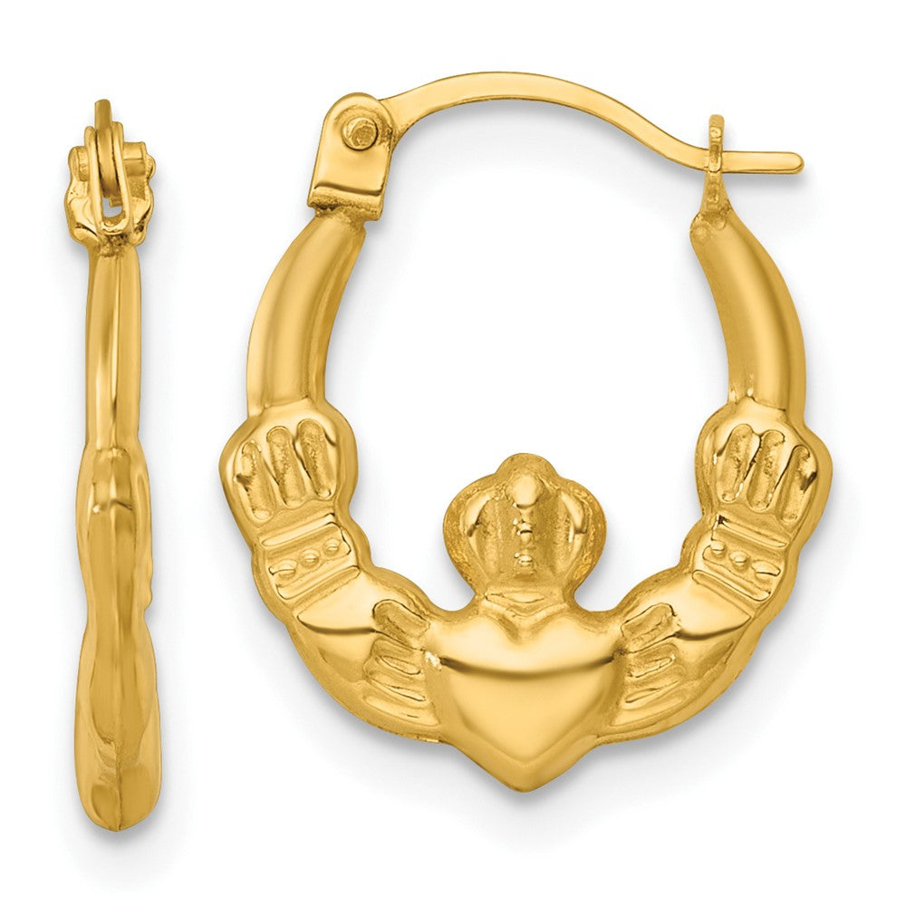 14K Yellow Gold Polished Claddagh Hoop Earrings