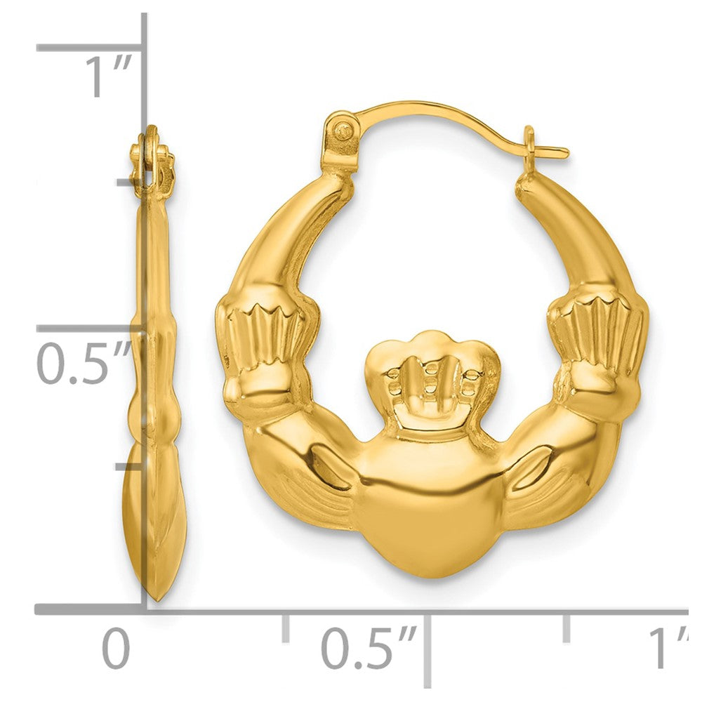 14K Yellow Gold Polished Claddagh Hoop Earrings