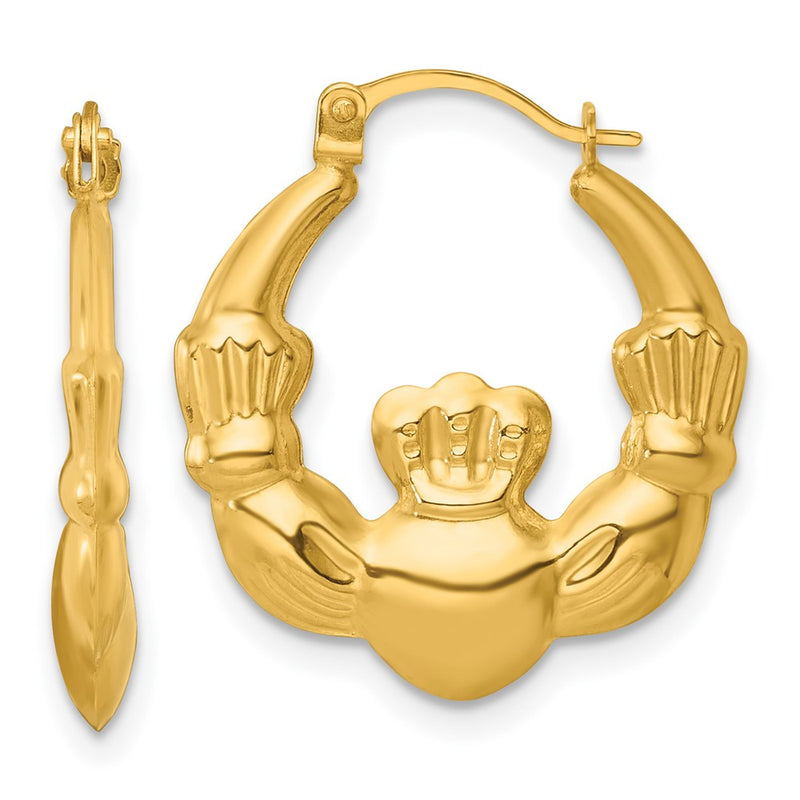 14K Yellow Gold Polished Claddagh Hoop Earrings