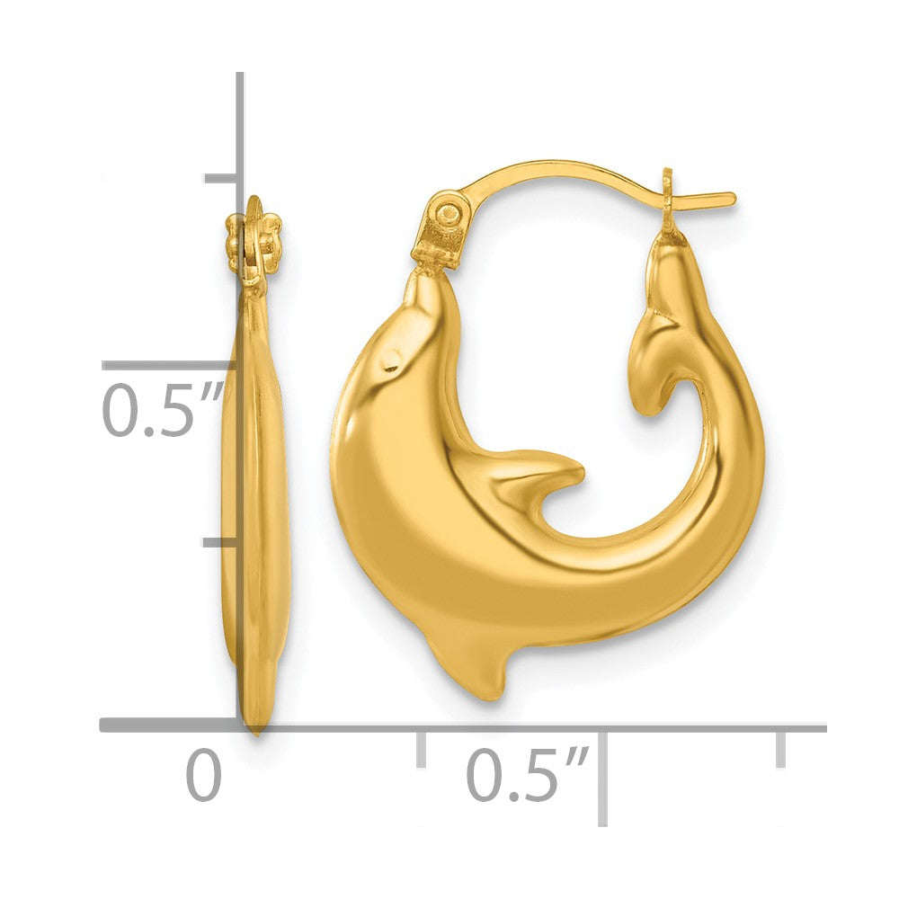 14K Yellow Gold Polished Dolphin Hoop Earrings