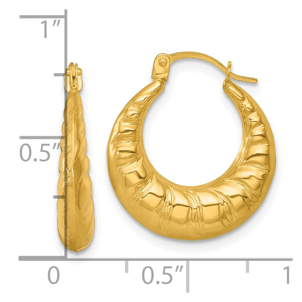 14K Yellow Gold Polished and Grooved Scalloped Hoop Earrings