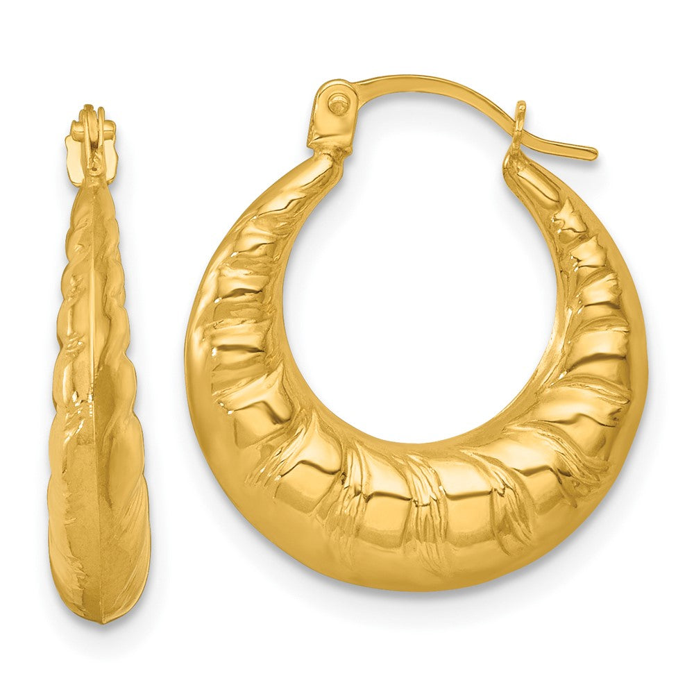 14K Yellow Gold Polished and Grooved Scalloped Hoop Earrings
