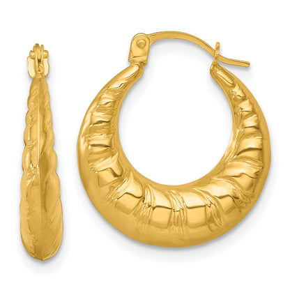 14K Yellow Gold Polished and Grooved Scalloped Hoop Earrings