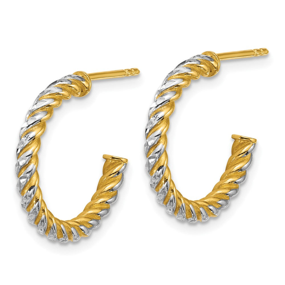 14K Yellow & Rhodium W/ White Rhodium Polished D/c Twisted 2.75mm Post Hoop Earrings