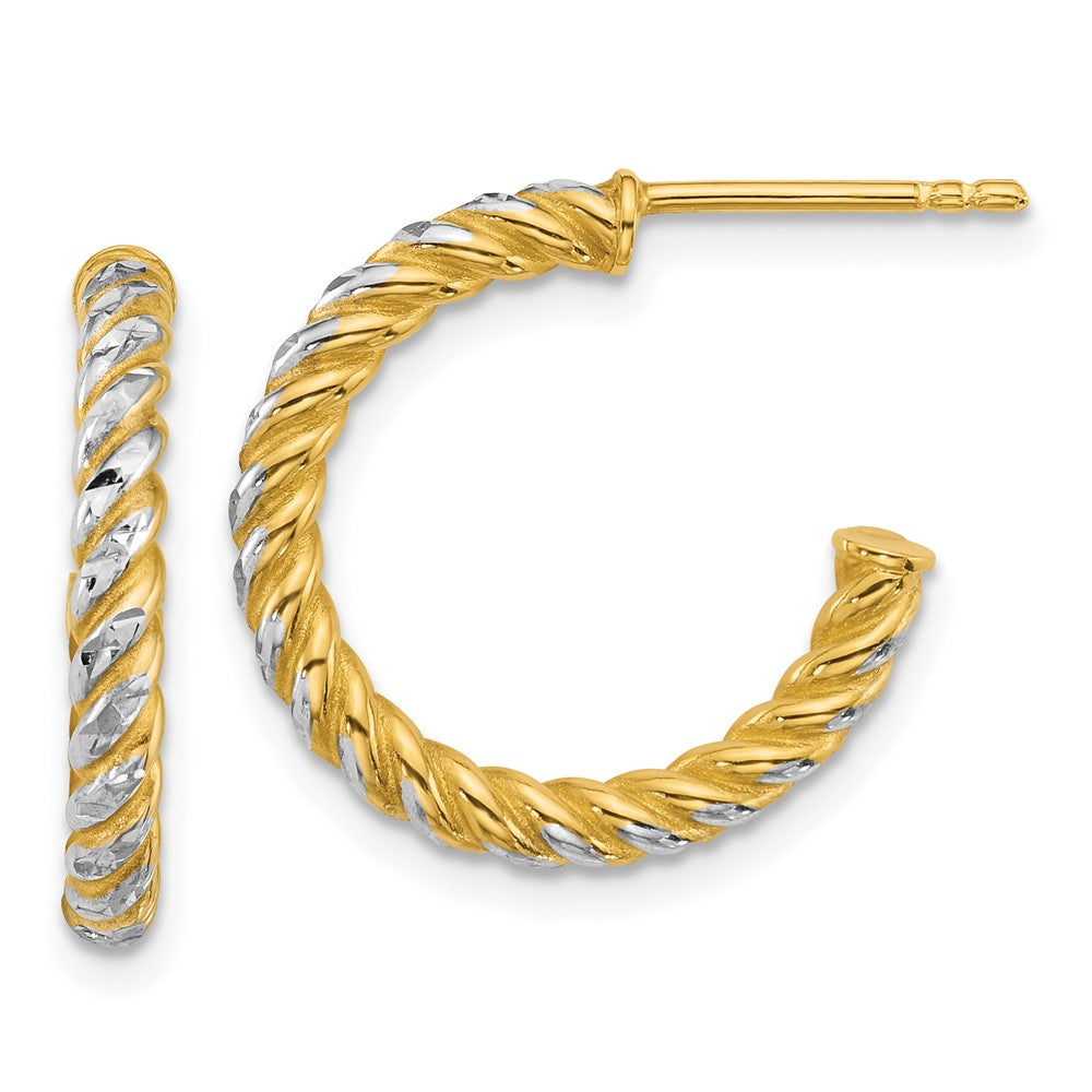 14K Yellow & Rhodium W/ White Rhodium Polished D/c Twisted 2.75mm Post Hoop Earrings