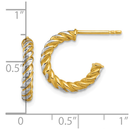 14K Yellow & Rhodium W/ White Rhodium Polished D/c Twisted 2.75mm Post Hoop Earrings