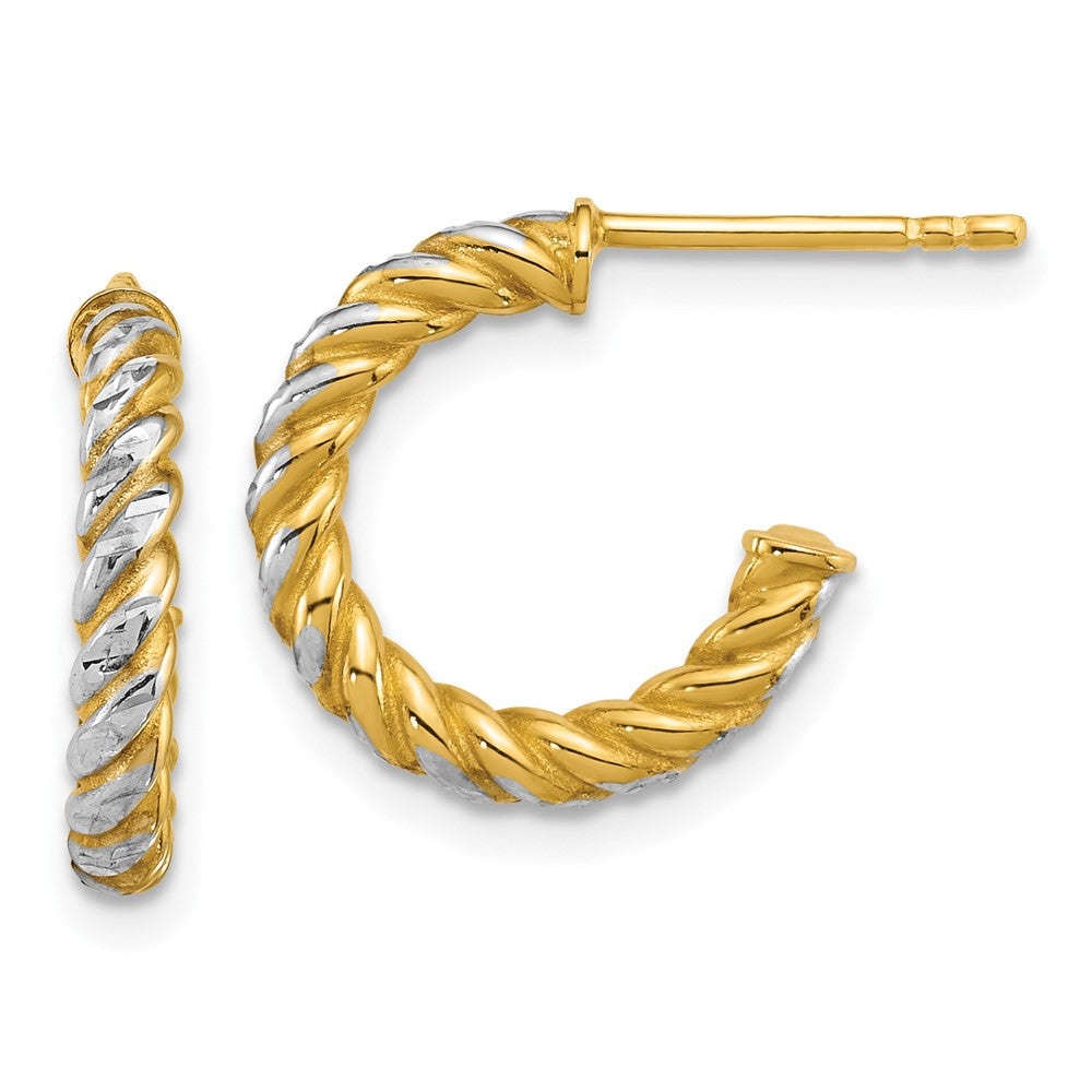 14K Yellow & Rhodium W/ White Rhodium Polished D/c Twisted 2.75mm Post Hoop Earrings